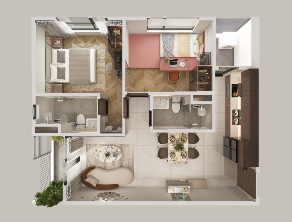 Phối cảnh 3D không gian phòng khách và bếp căn hộ 2 phòng ngủ Fenica Dĩ An.